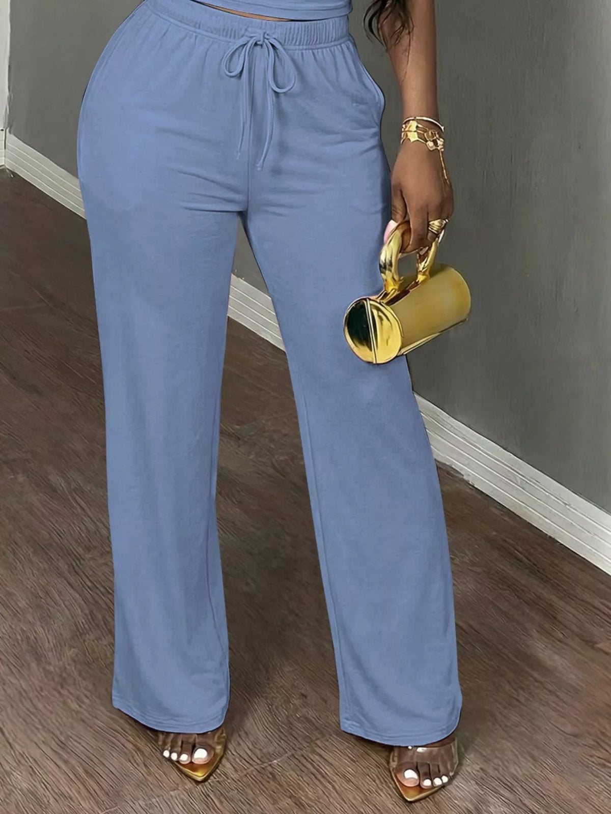 Light Blue Short Sleeve Top and Wide-Leg Pants Set, pants detail