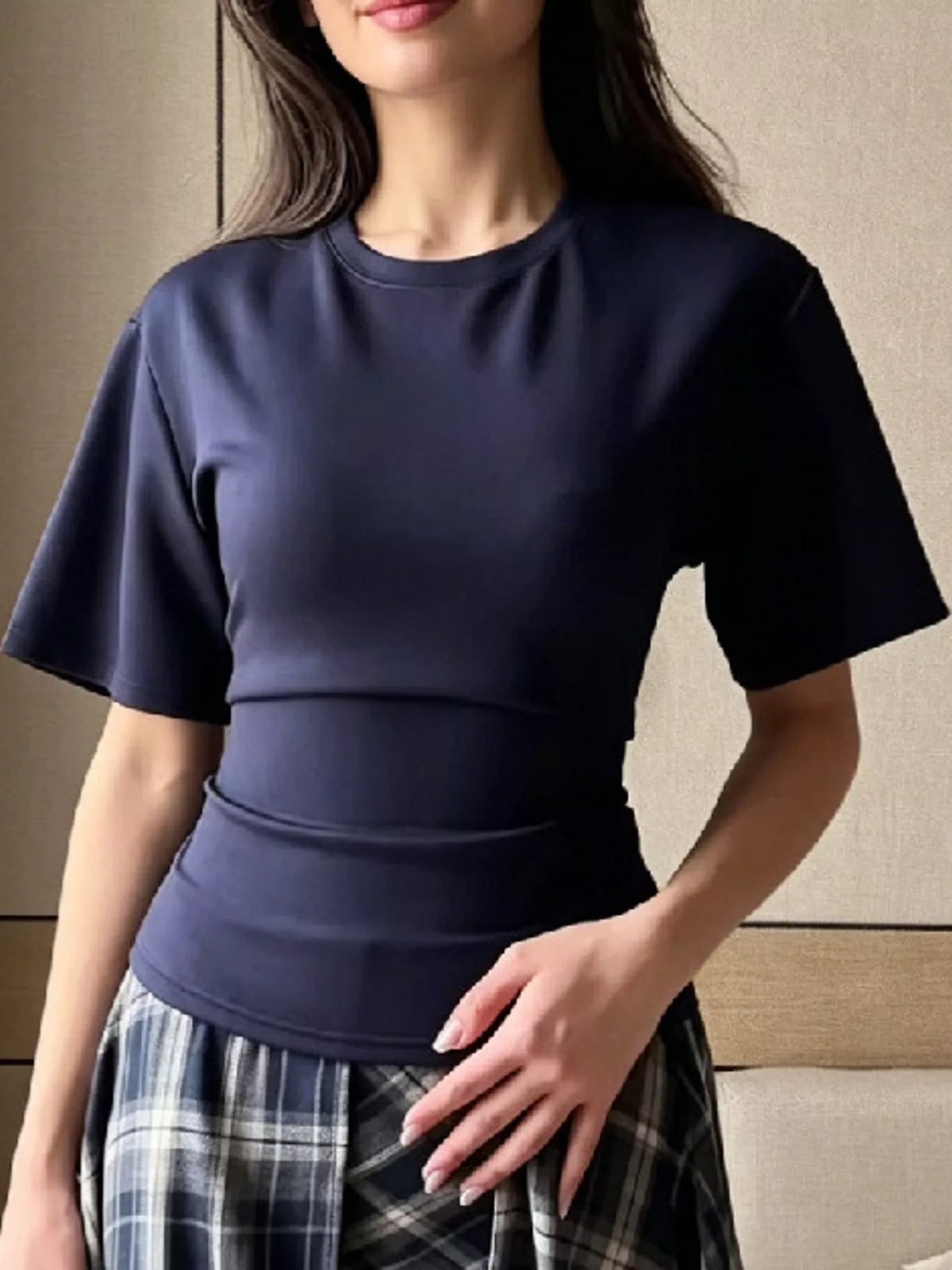 Navy tie back round neck short sleeve t shirt, front view