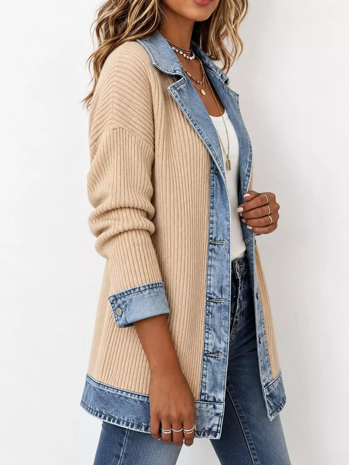Beige denim trim ribbed knit cardigan, side view