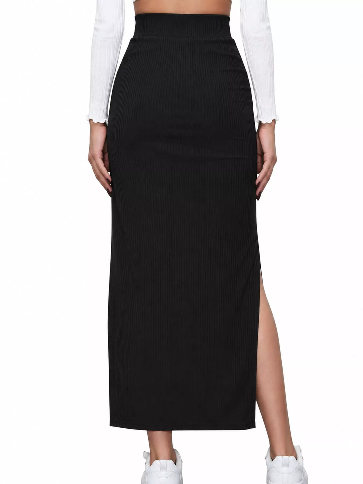 Black side slit skirt — back view