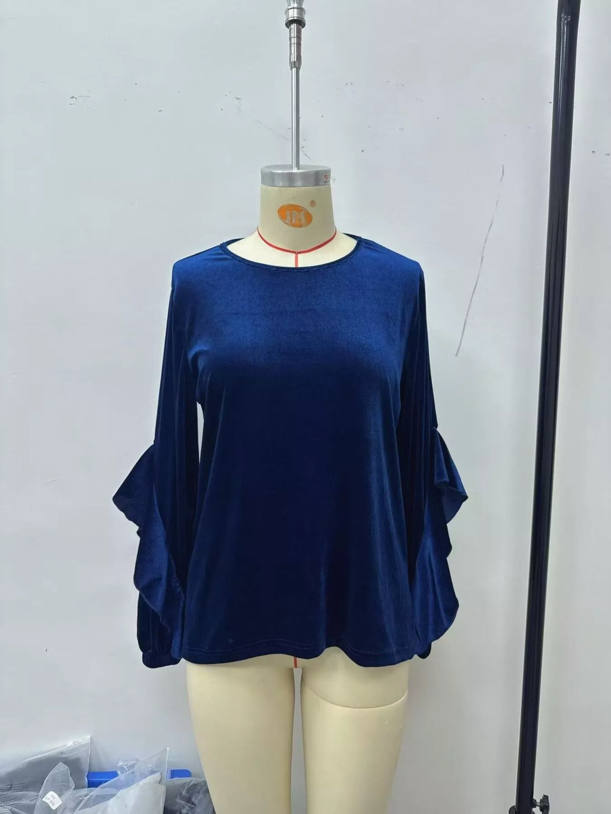 Women's Velvet Round Neck Ruffle Sleeve Top in Black Forest, alternate view
