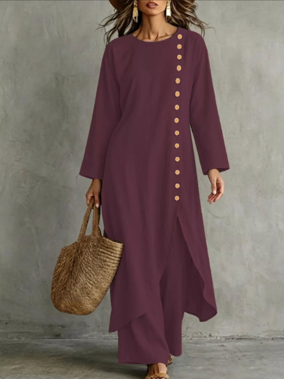 Wine red longline top and pants set, front view