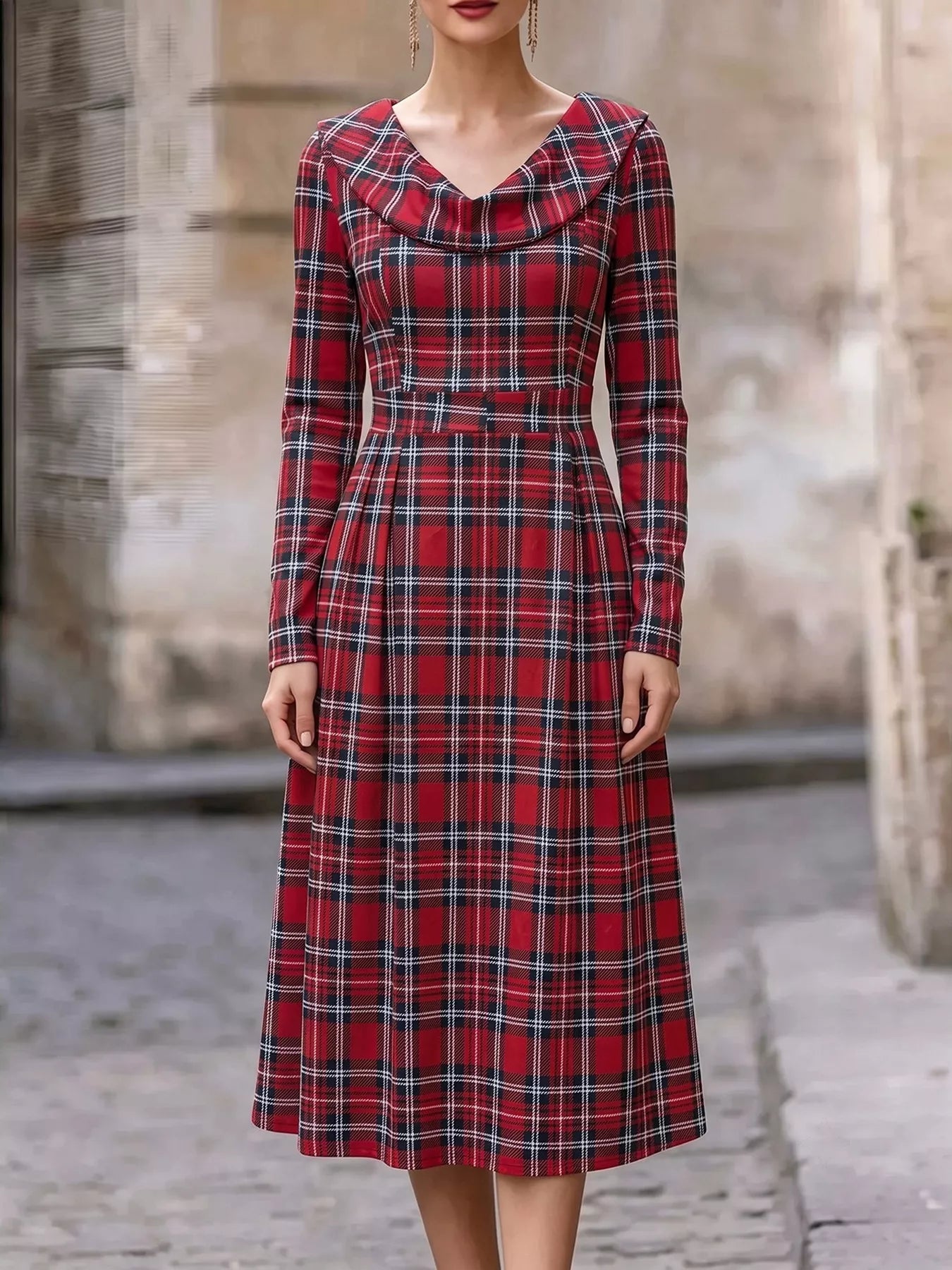 Trendsi Vintage Plaid Long Sleeve Midi Dress -