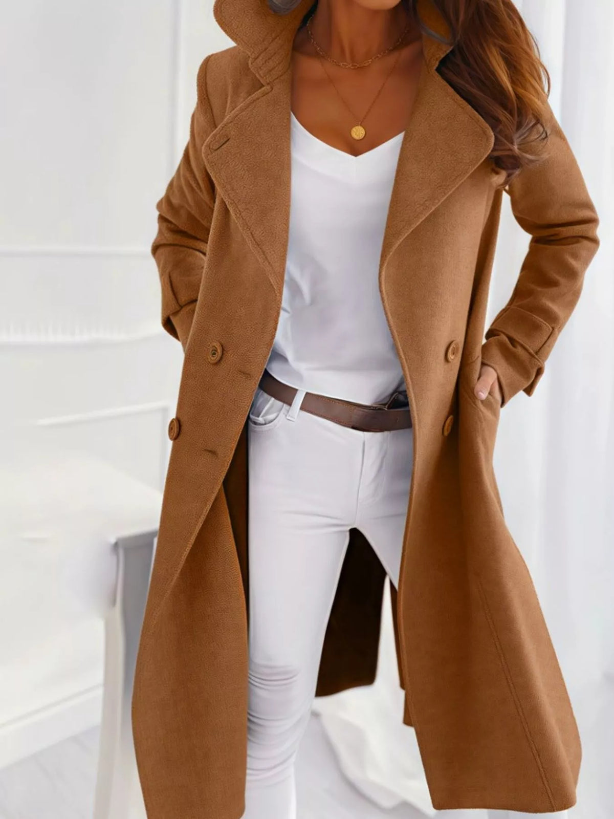 Camel Double-Breasted Long Trench Coat, front view