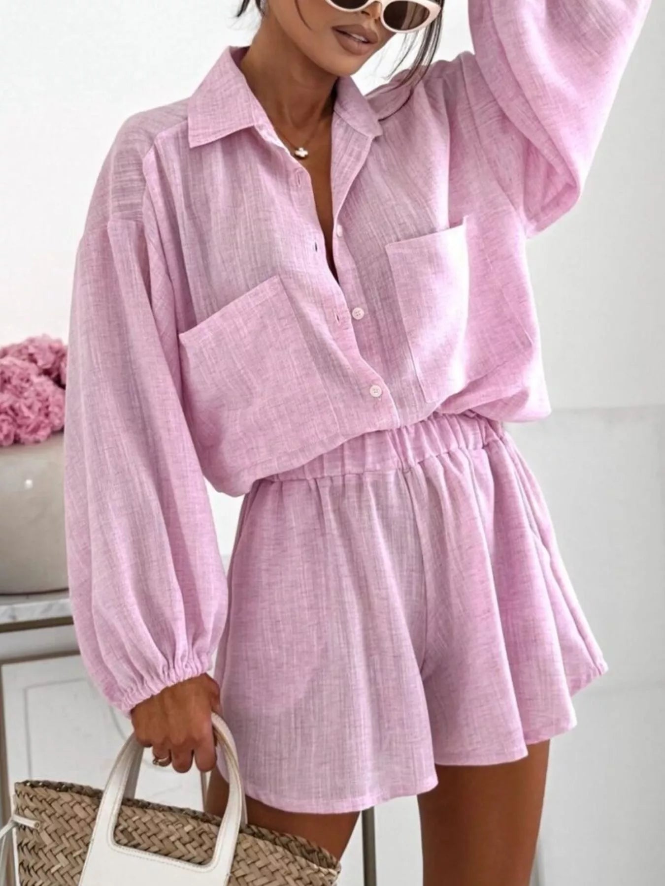 Trendsi Long Sleeve Shirt and High-Waisted Shorts Set -