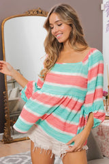 Trendsi BiBi Stripe Printed Bubble Woven Balloon Sleeves Top -