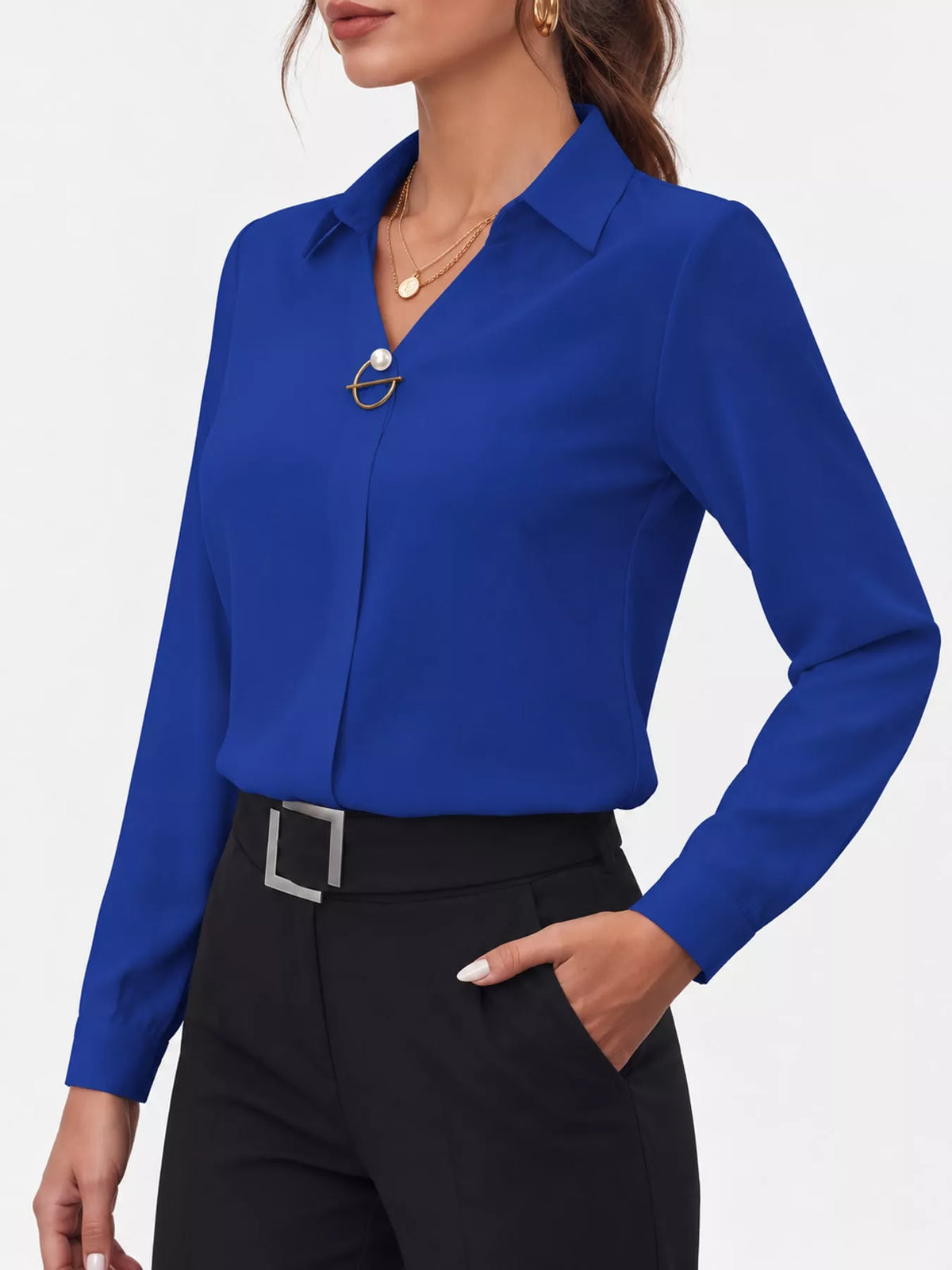 Women's Collared Clasp Detail Long Sleeve Satin Blouse in blue — side view