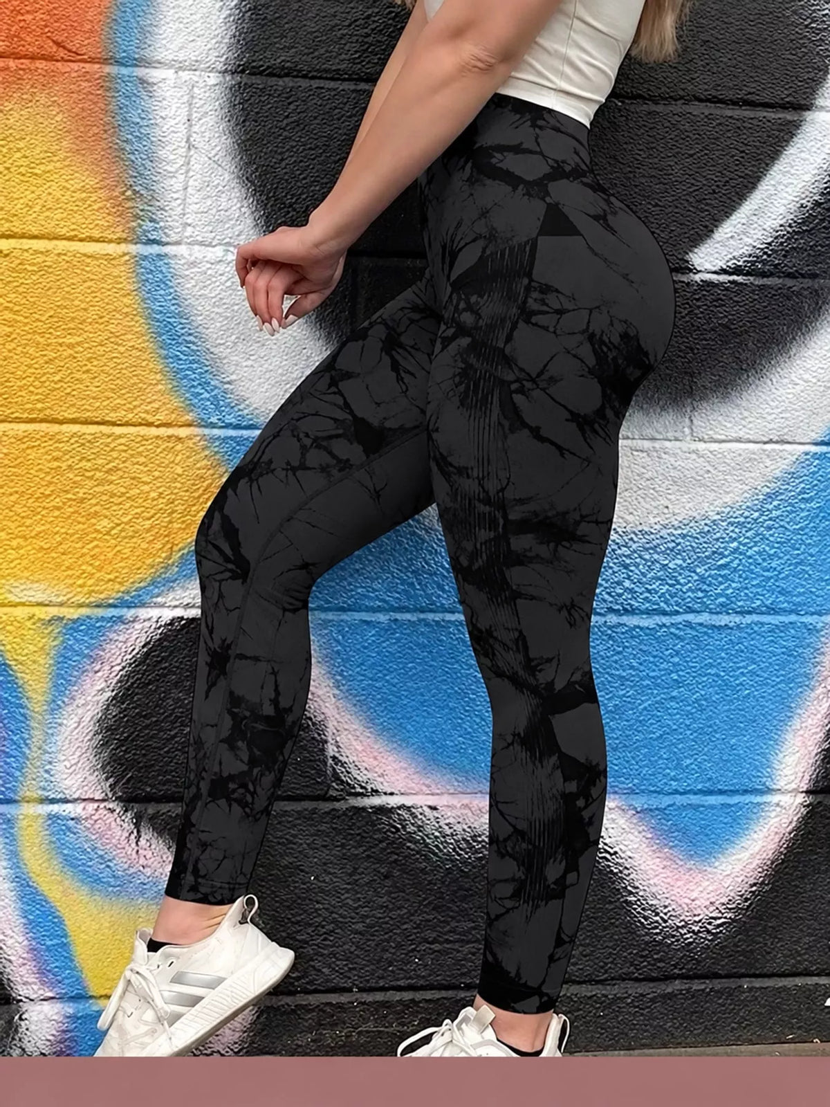 Pure Black high-waisted tie dye seamless active leggings, back view