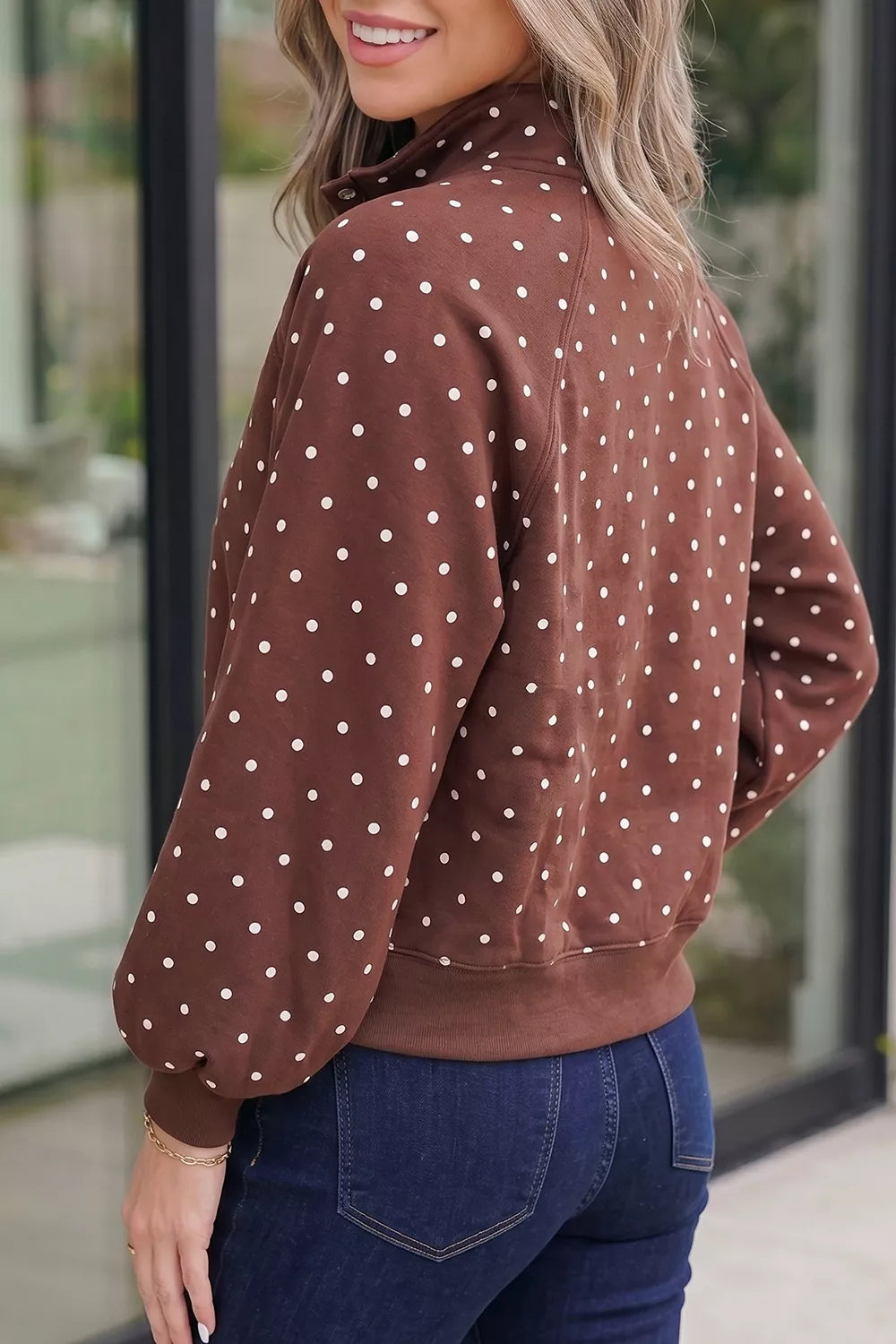 Trendsi Polka Dot Print Metal Button Collar Casual Pullover Sweatshirt - Shirts