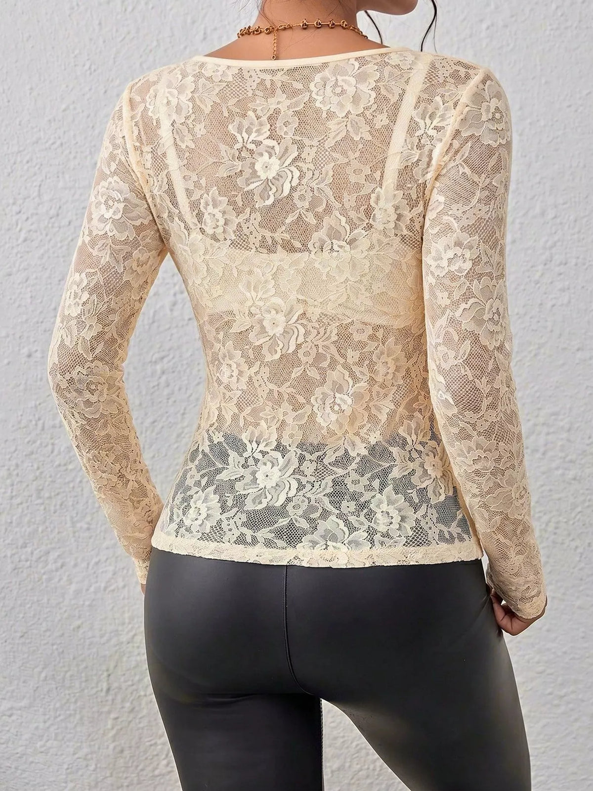 Ivory sheer floral lace long sleeve top with scalloped V-neck, back view