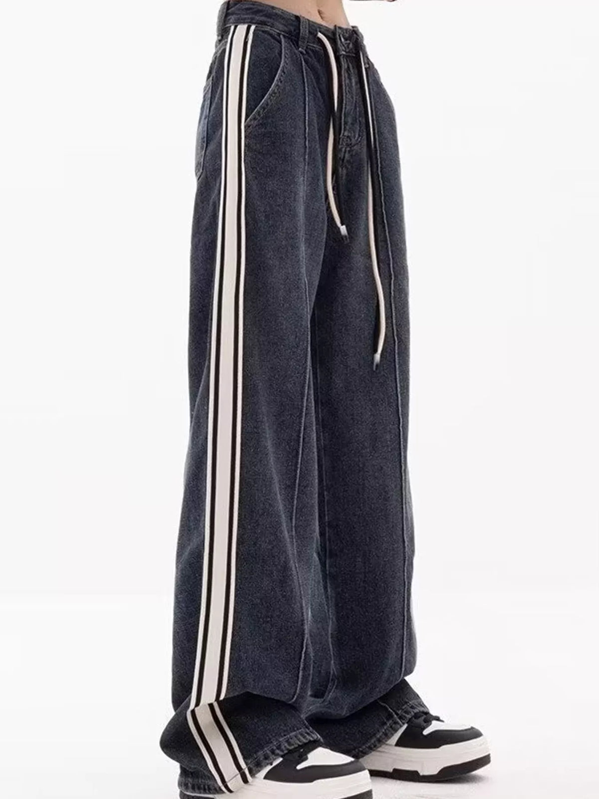 High-Waisted Wide-Leg Contrast Stripe Jeans, side view