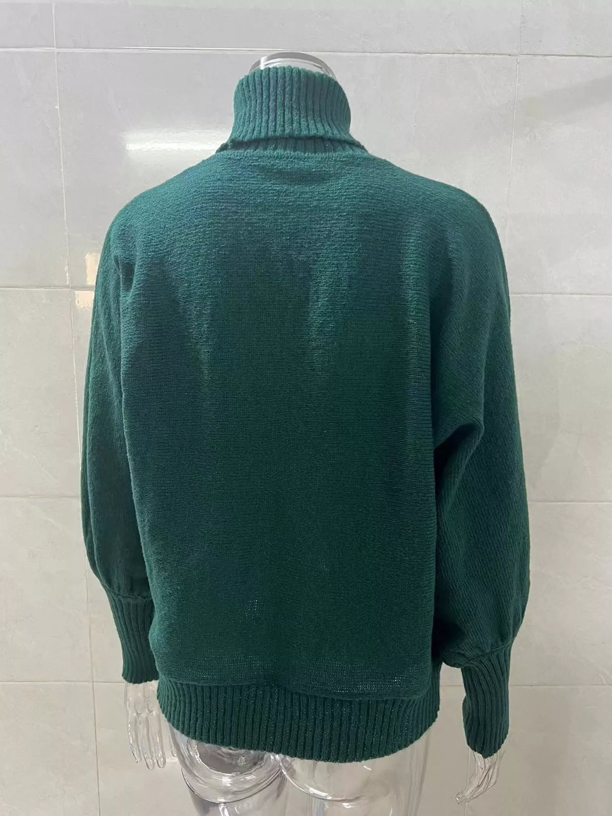 Dark Green lettering turtleneck sweater, back view