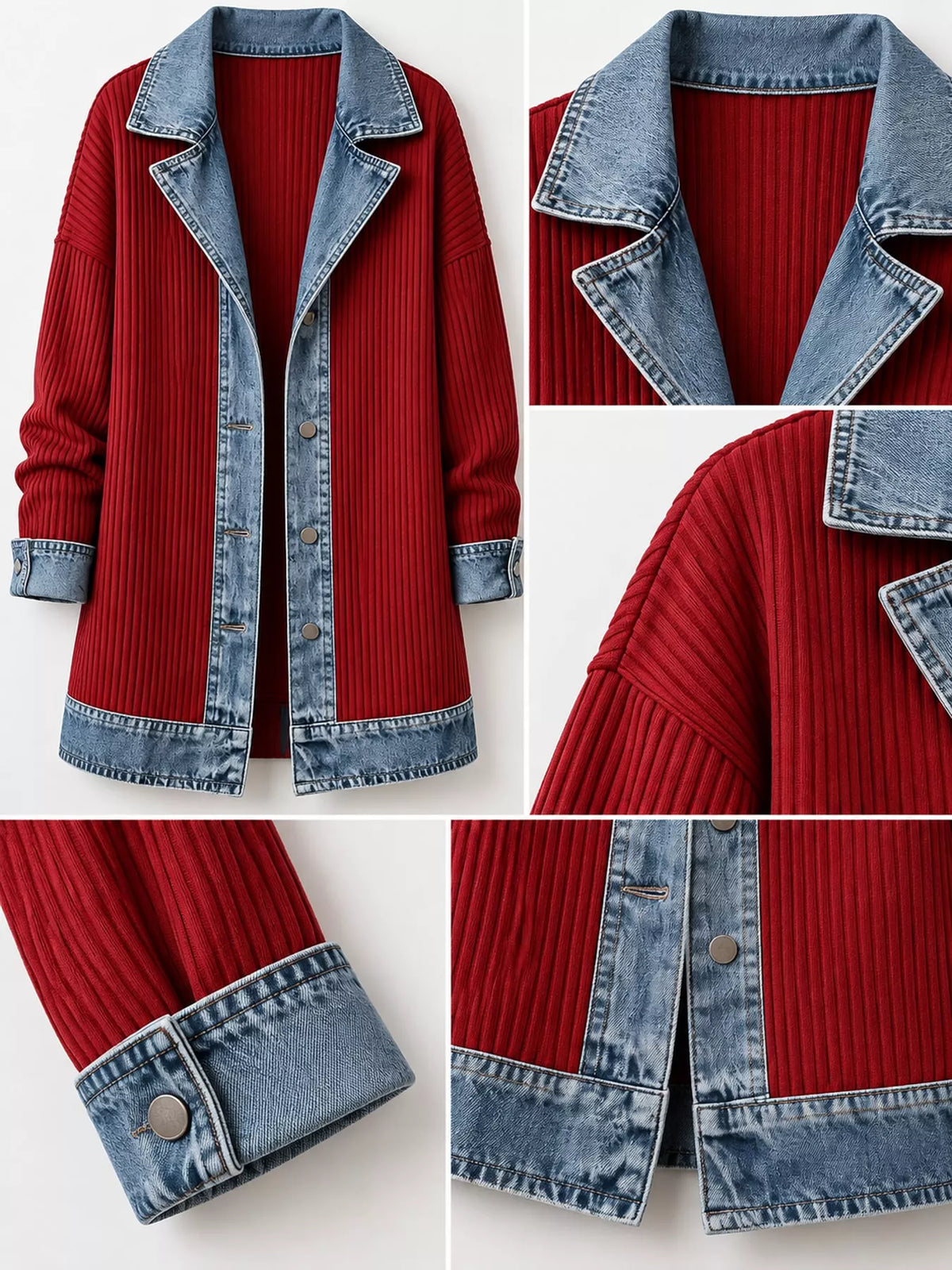 Red denim trim ribbed knit cardigan, denim-trim lapels, shoulder seam, and hem close-ups