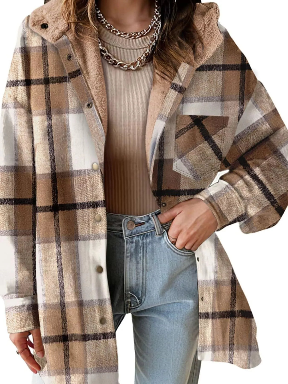 Khaki plaid hooded button up jacket