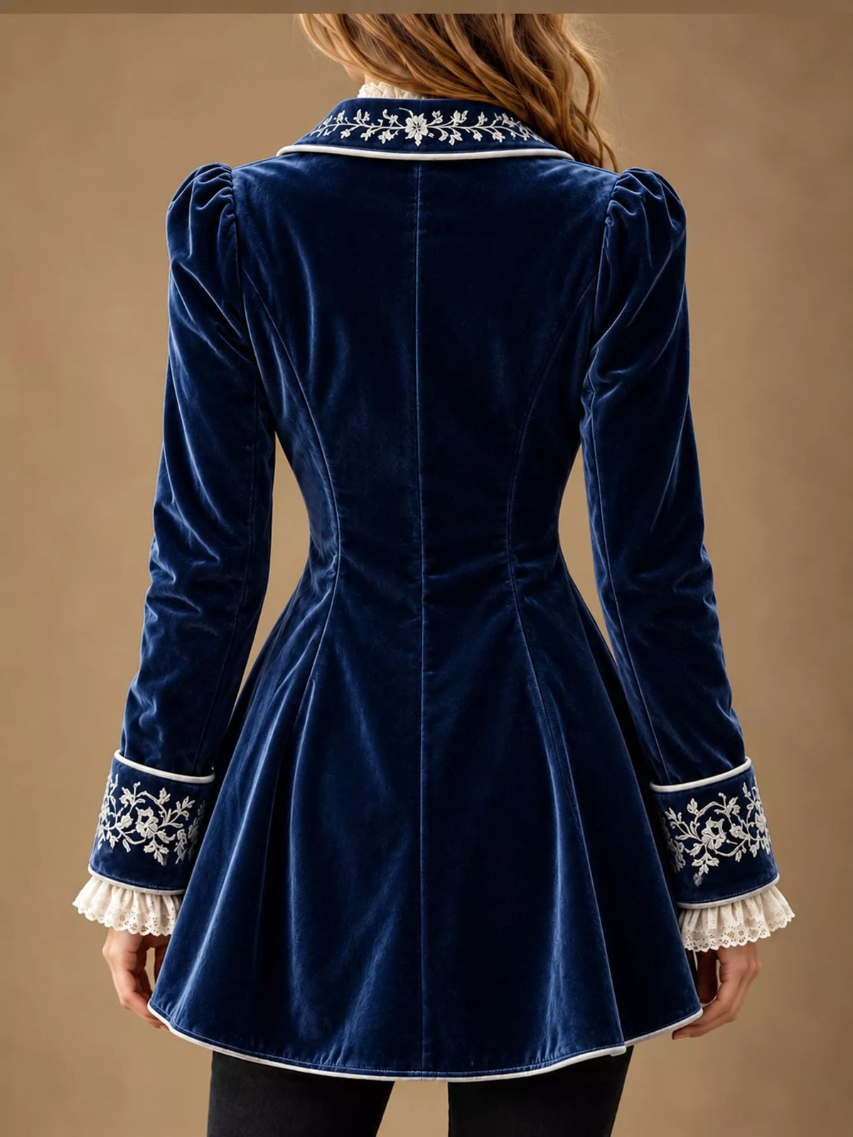 Navy embroidered velvet peplum blazer — back view