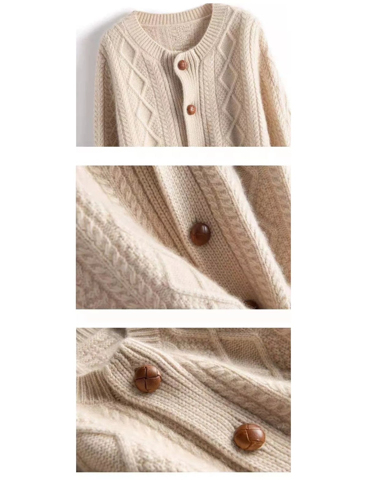 Beige cable-knit button-down cardigan, detail view