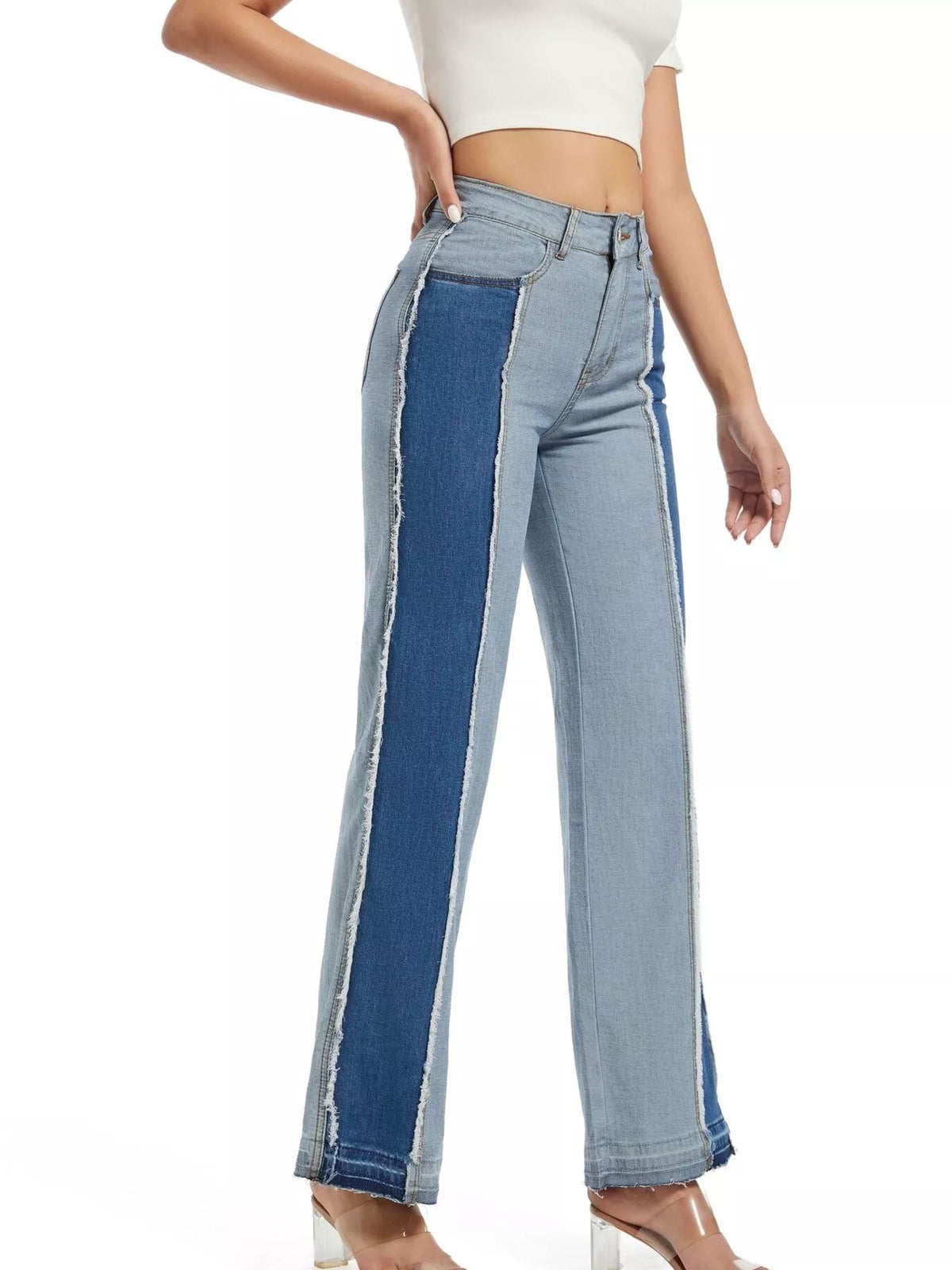 High-Waisted Two Tone Jeans in blue, front view