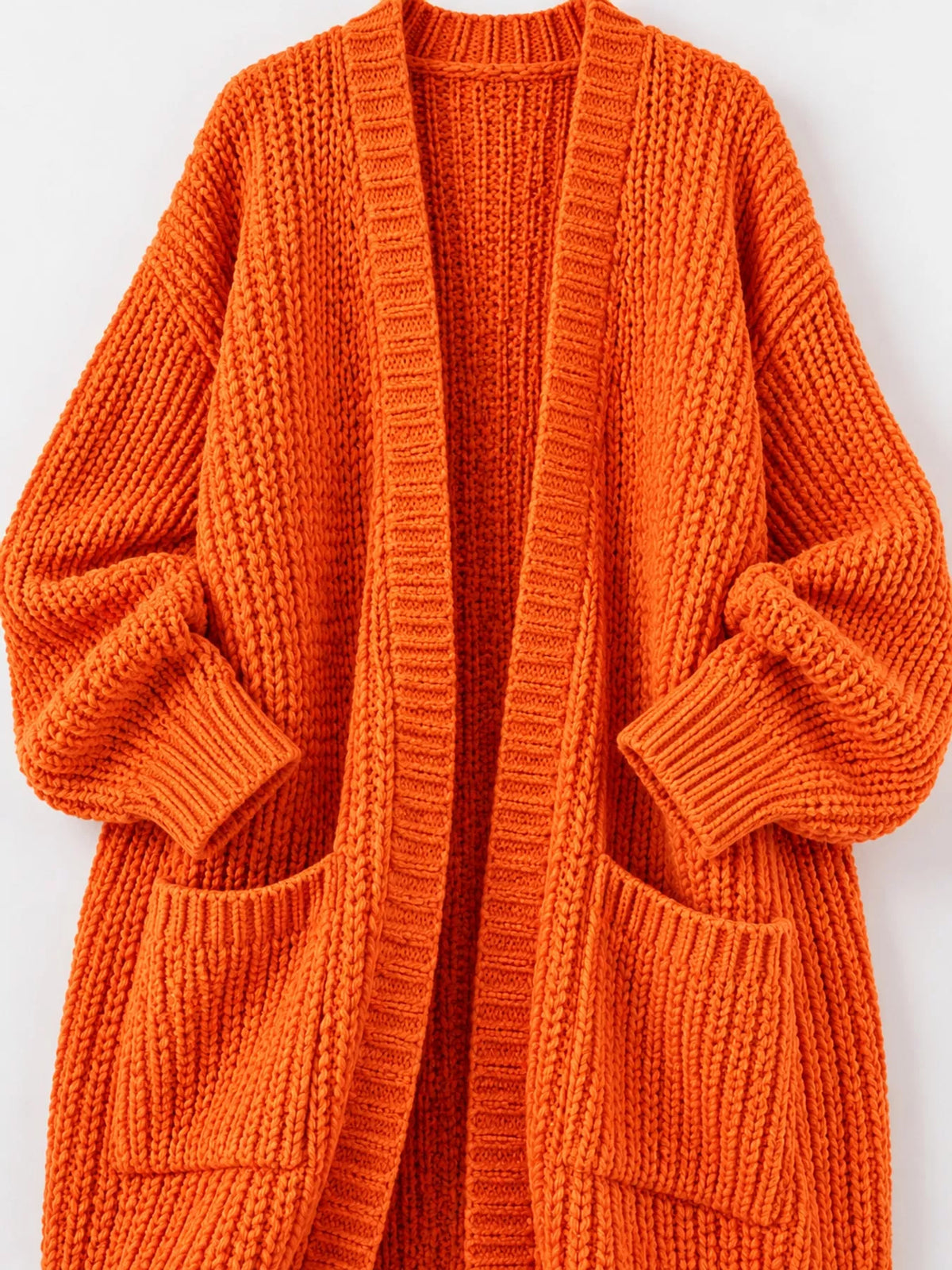 Longline knit cardigan, orange pocket detail