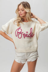 Trendsi BiBi Metallic Letter Short Puff Sleeve Hairy Sweater -