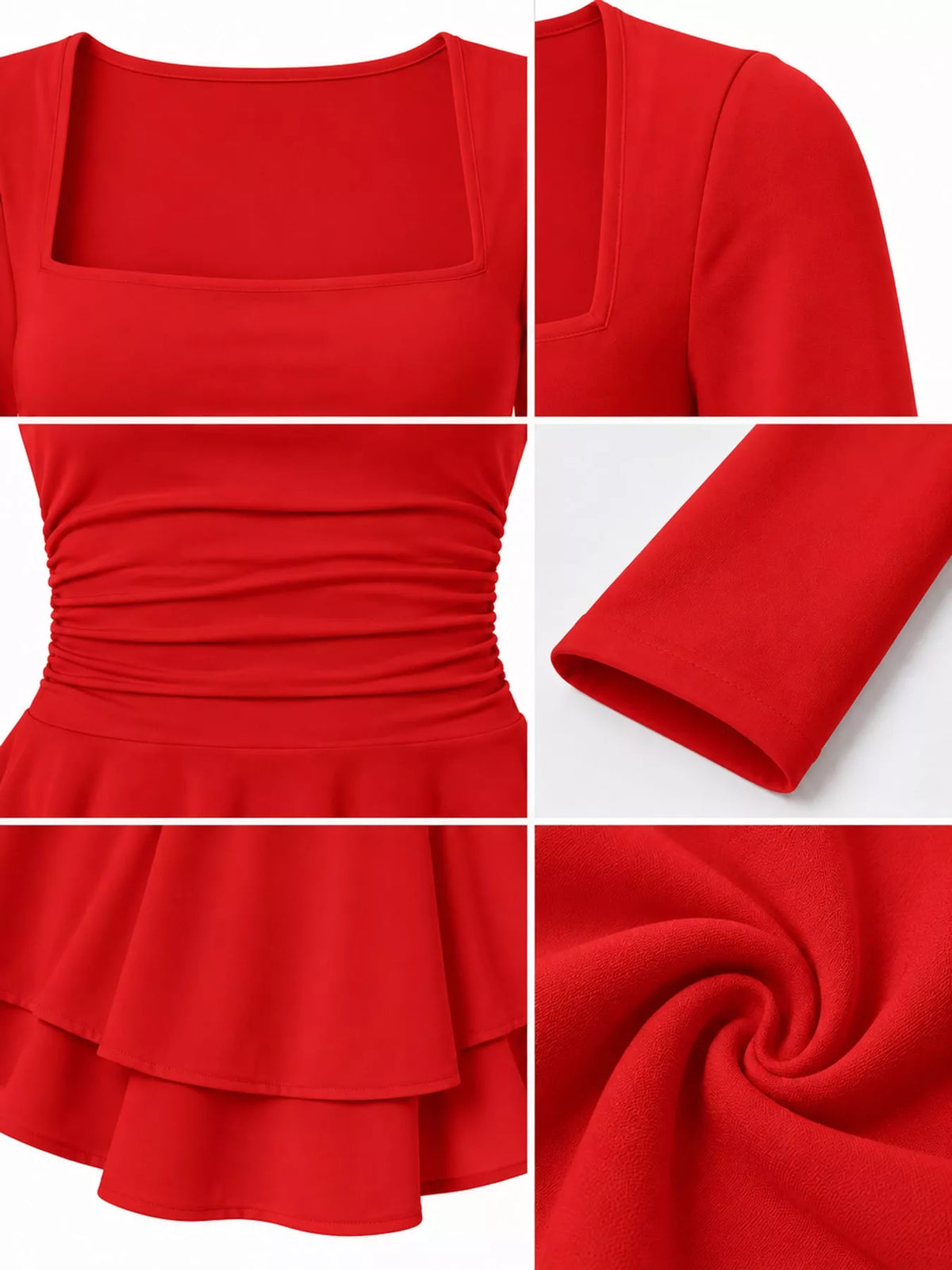 Square neck long sleeve mini dress, construction and design details