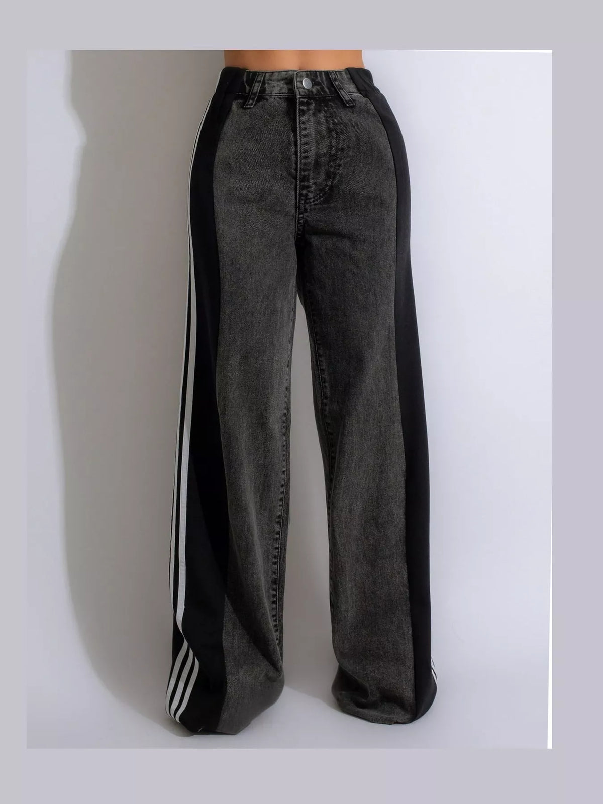 Dark Gray high-waisted wide-leg jeans with side stripe detail