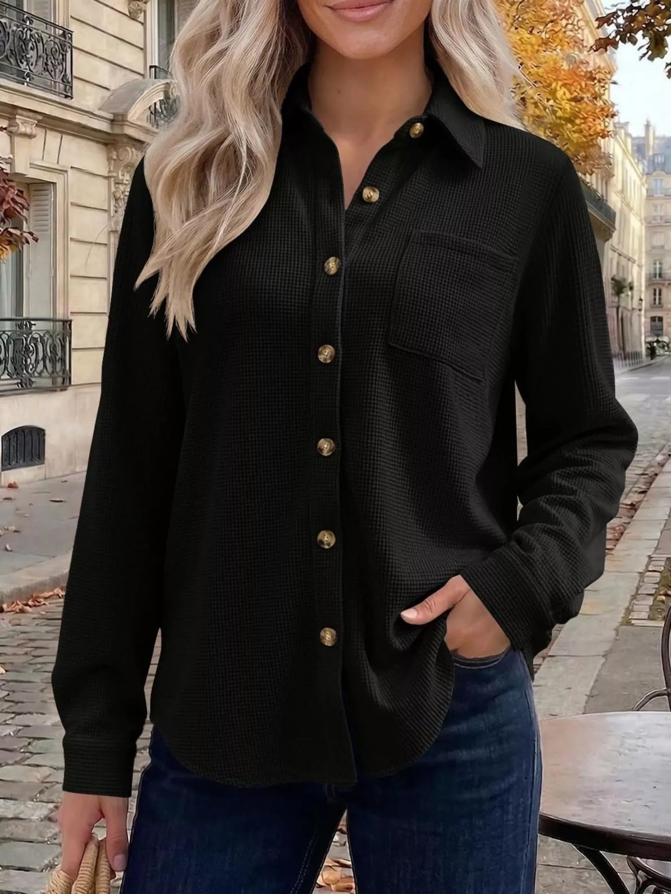 Trendsi Waffle Knit Button-Down Long Sleeve Shirt -