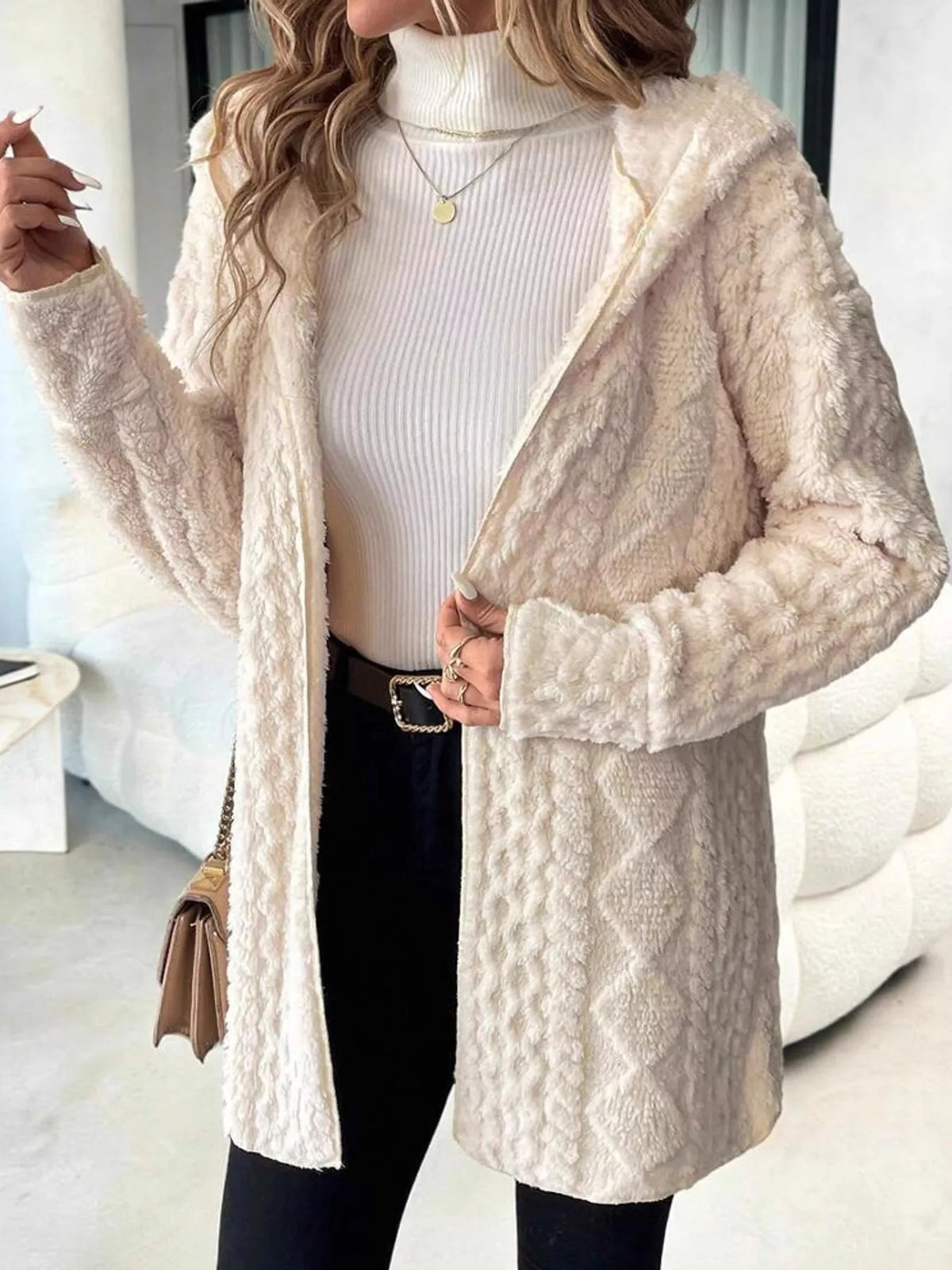 Cable Knit Zip-Up Hooded Cardigan in cream