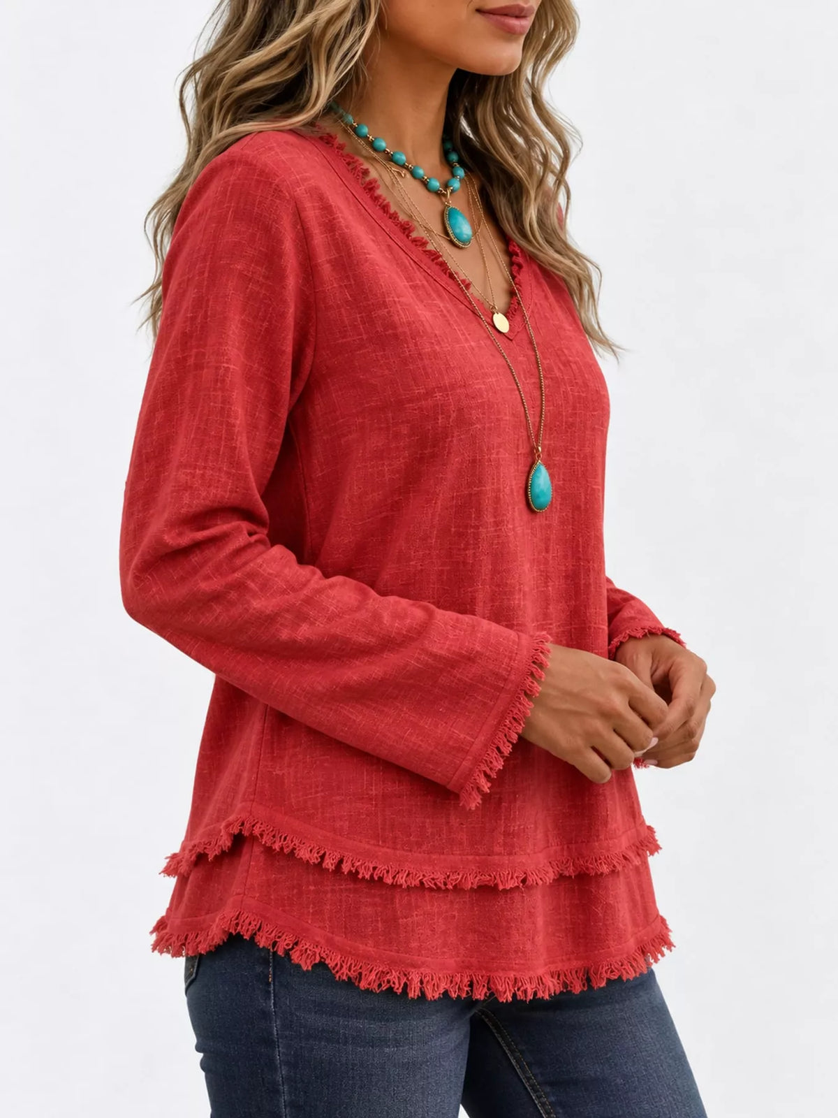 Frayed-hem blouse, red angled front