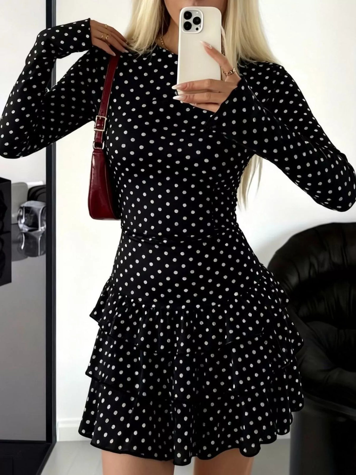 Long sleeve ruffled-hem mini dress