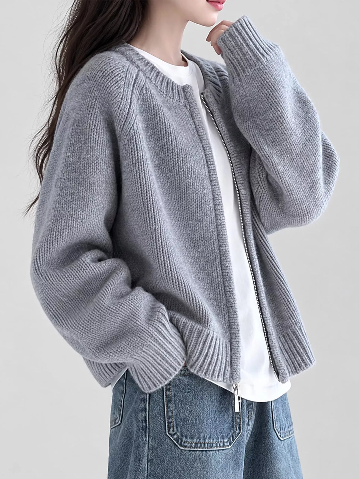 Ribbed-hem cardigan, gray angled front