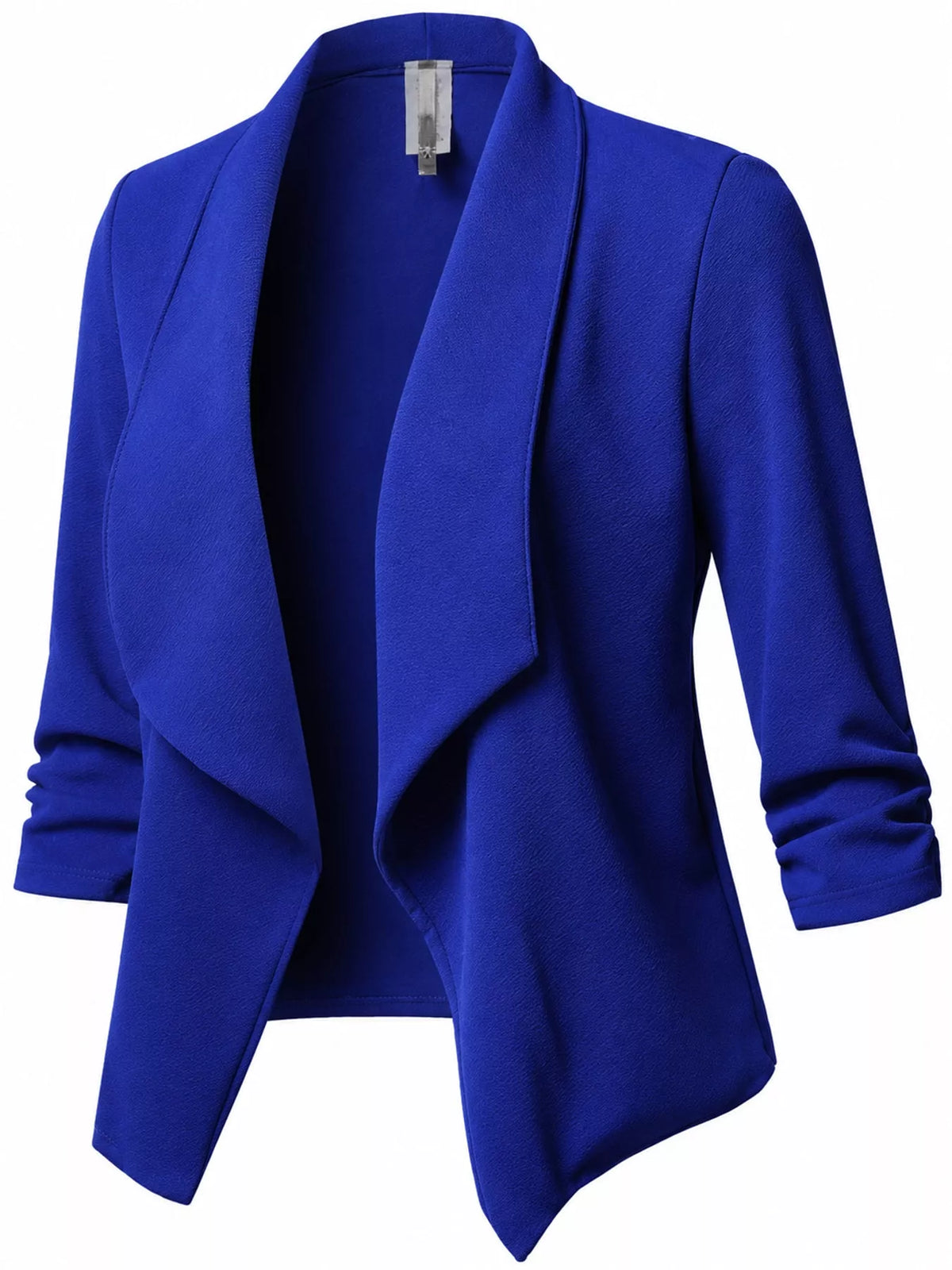 Blue open-front blazer with ruched 3/4 sleeves