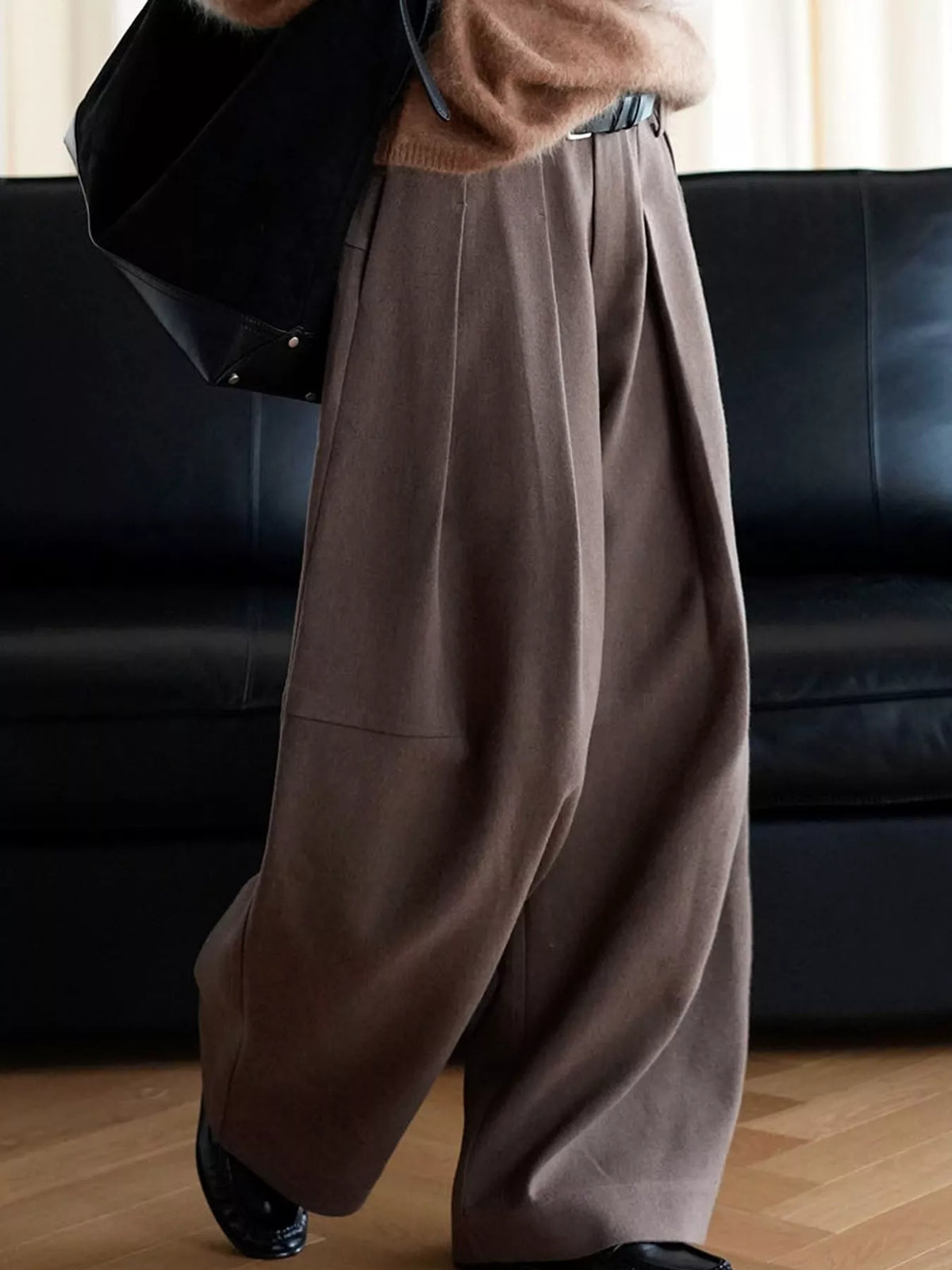 Pleated Wide-Leg Pants in brown, side view