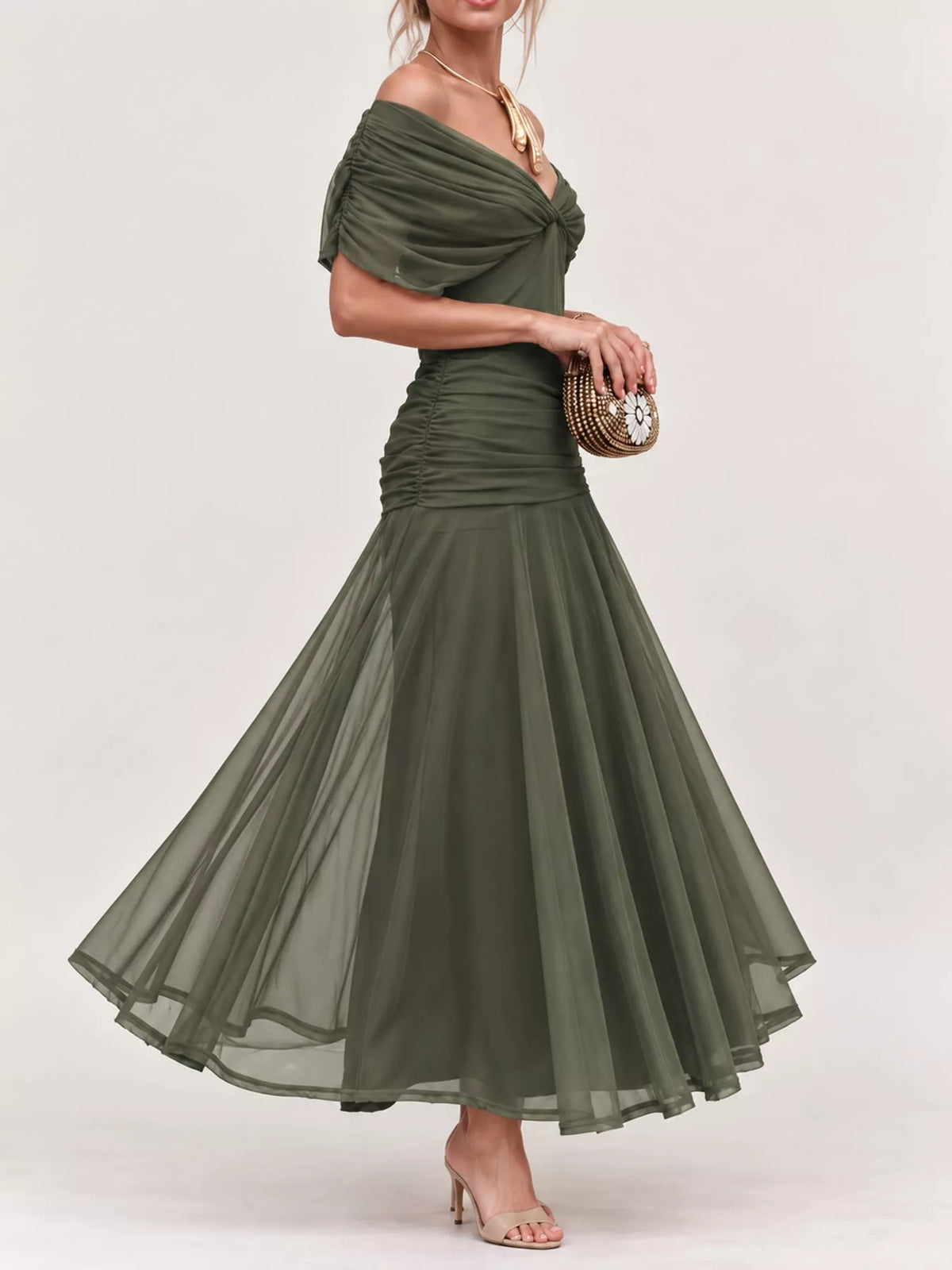Army green off shoulder ruched tulle evening dress, side view