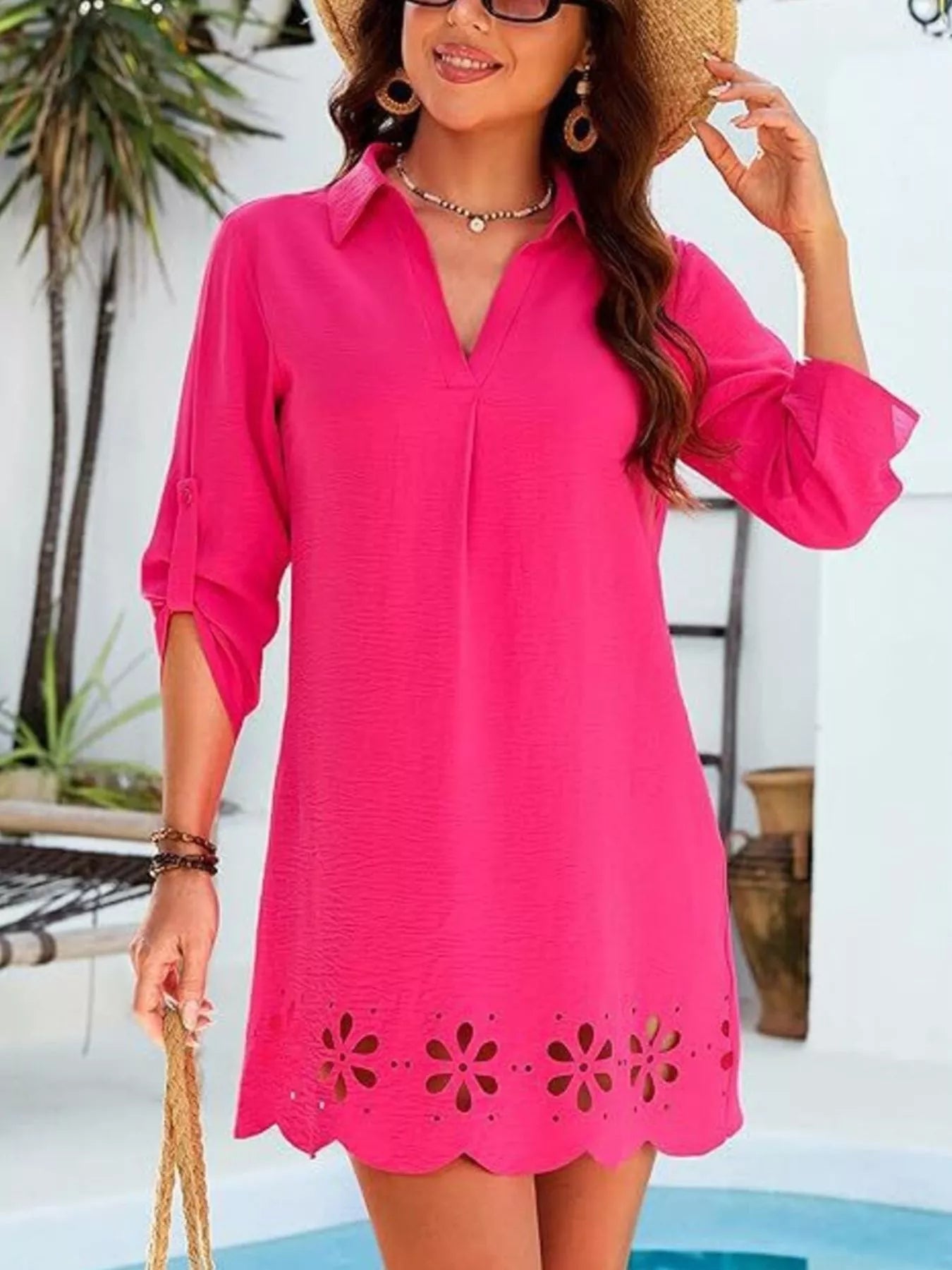 Trendsi Scalloped Eyelet Hem Roll-Up Sleeve Dress -