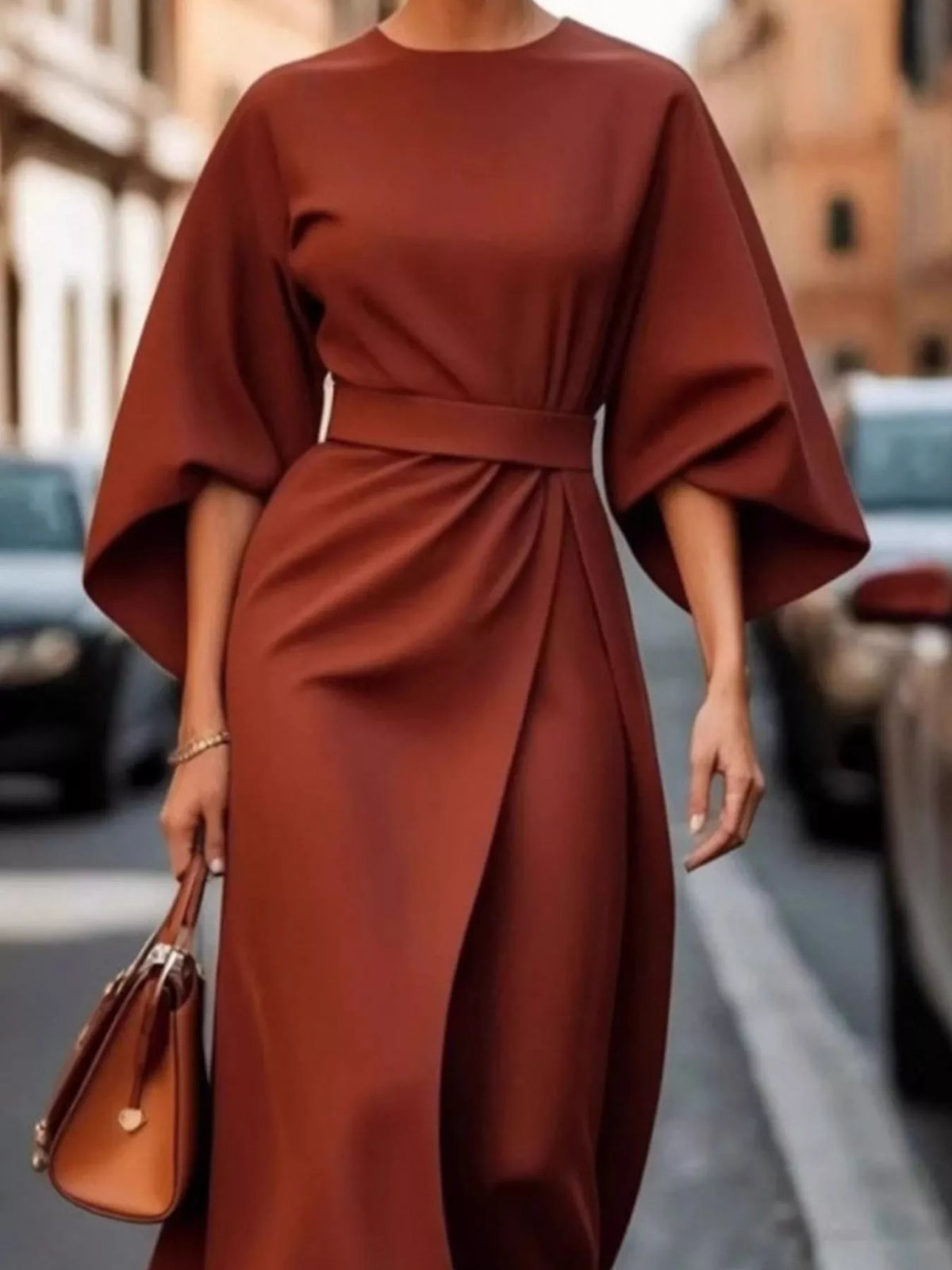 Brown round neck kimono sleeve midi dress