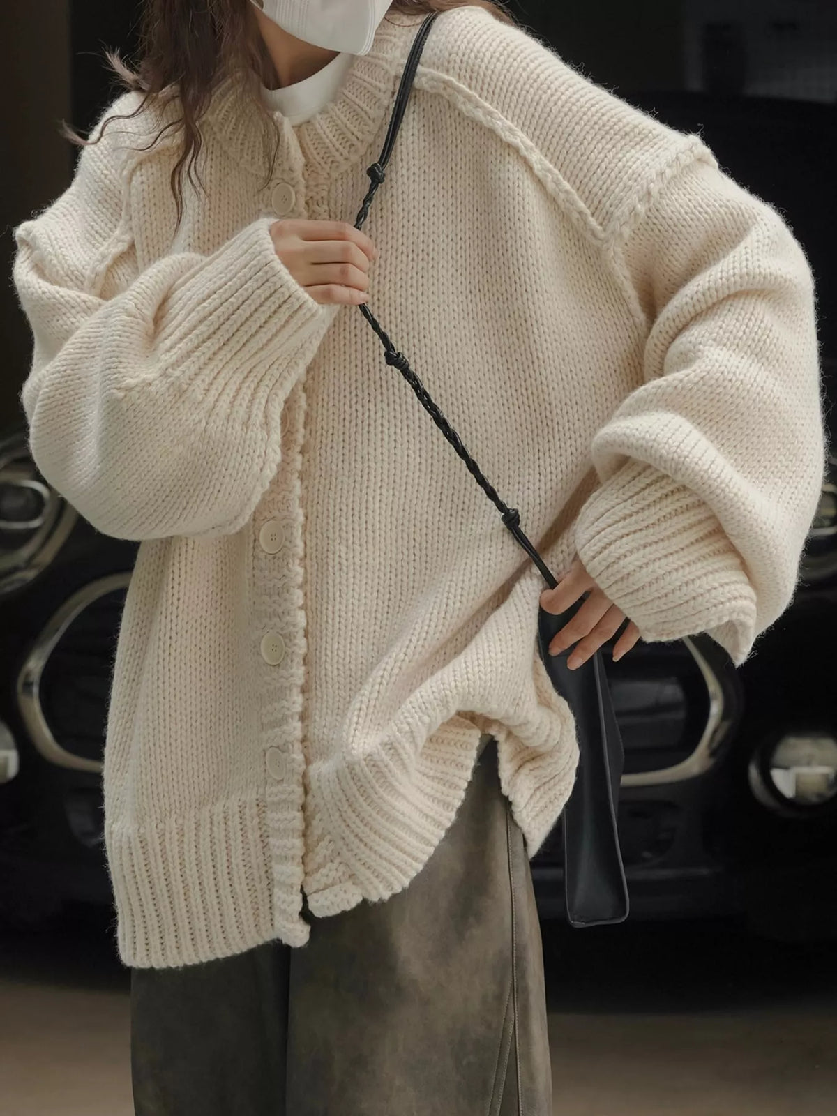 Oversized Chunky Knit Cardigan with Textured Button Placket in cream