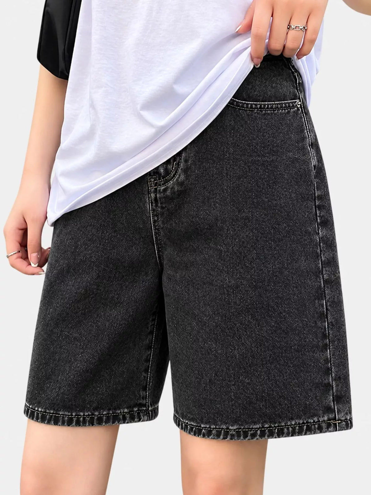 High-Waisted Loose Fit Denim Shorts in black