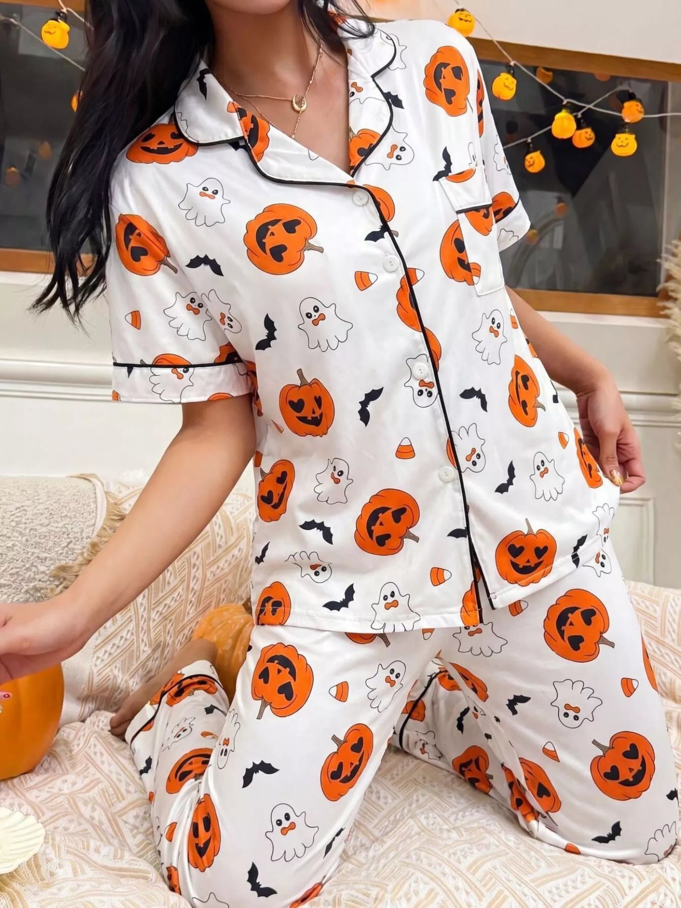 Trendsi Halloween Pumpkin Print Button-Down Top and Pants Set -