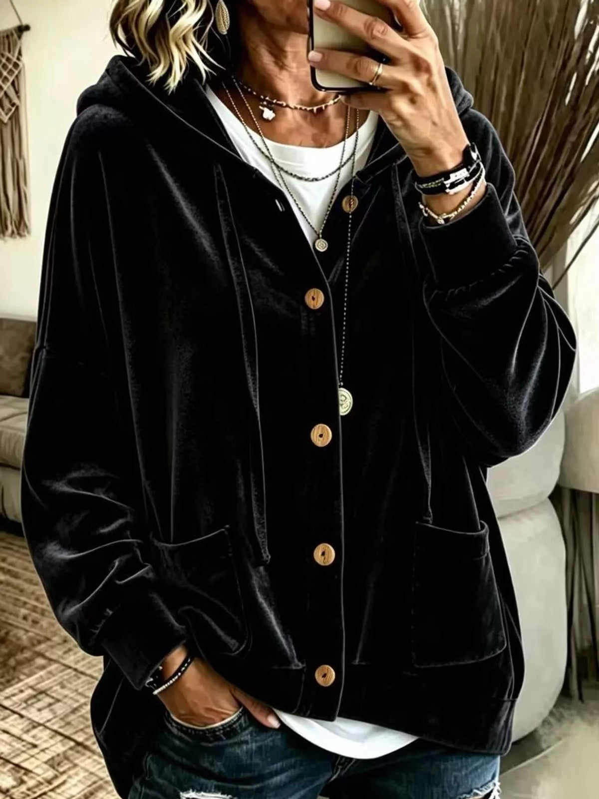 Black velvet dropped shoulder hoodie, front view