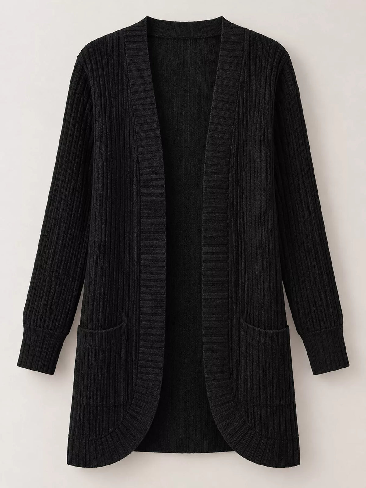 Black ribbed open-front longline cardigan