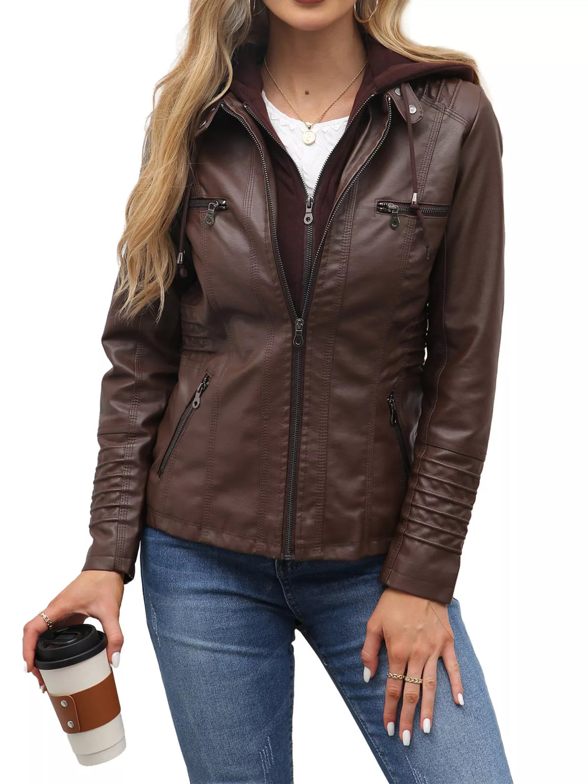 Hooded faux-leather jacket, brown angled front