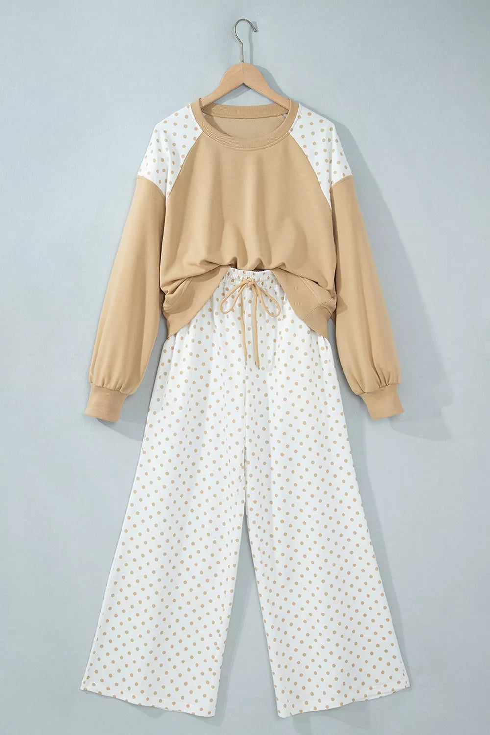 Trendsi Polka Dot Patchwork Colorblock Long Sleeve Casual Two Piece Pants Set -