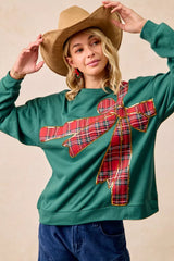 Trendsi BiBi Plaid Ribbon Bow Detail Christmas Fleece Pullover -