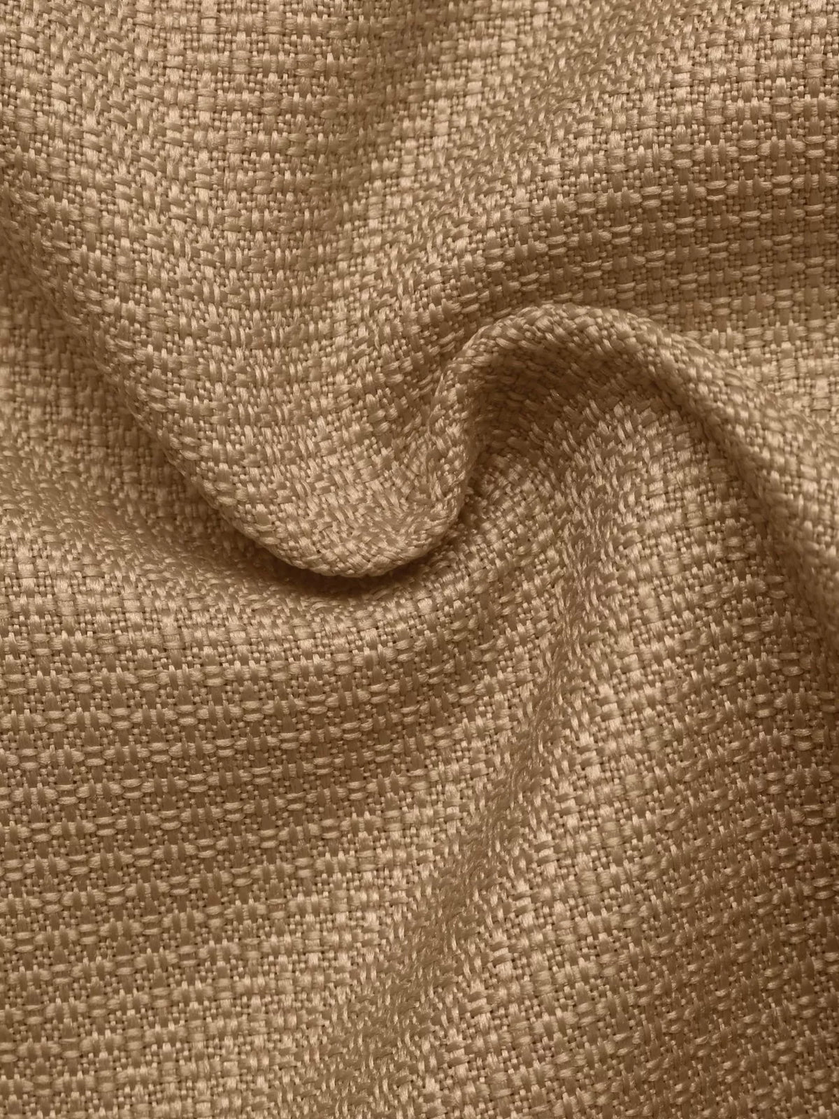 Tan textured cropped jacket with gold-tone buttons, textured fabric close-up