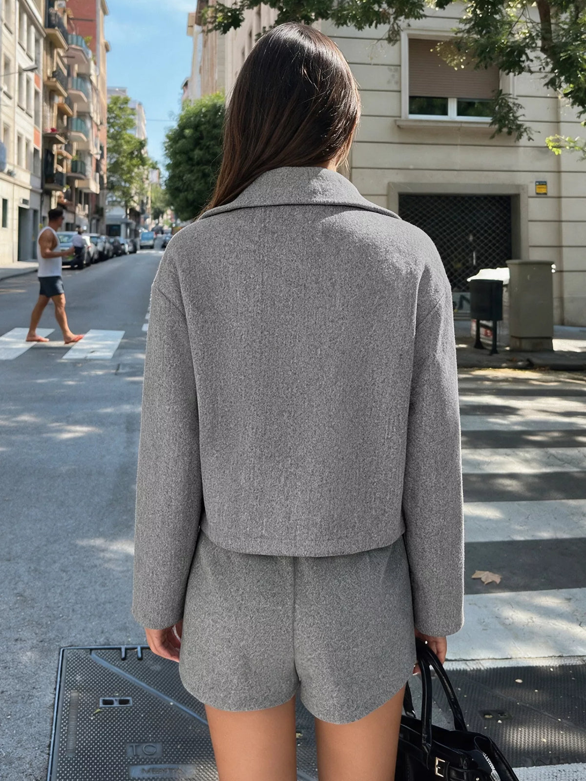 Gray zip-up cropped shacket, back view