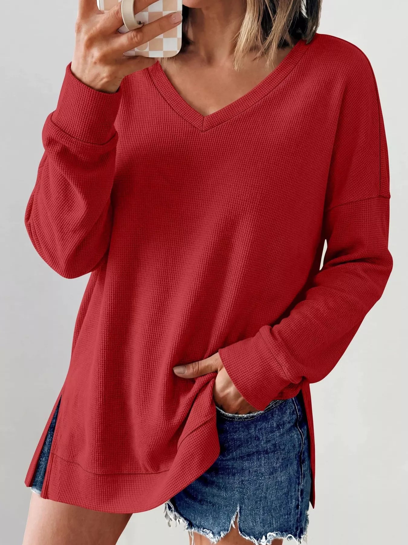 Trendsi Side Slit Waffle Knit V-Neck T-Shirt -