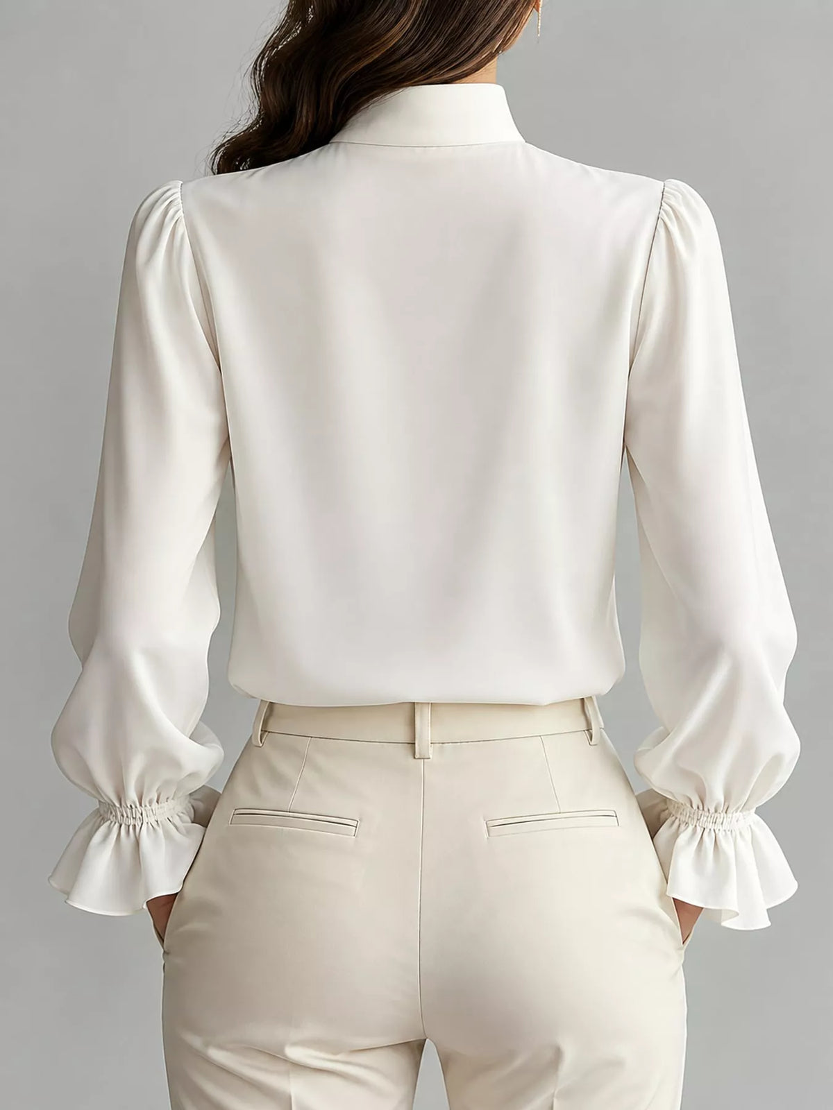 Ruffled Stand-Collar Blouse with Long Lantern Sleeves, back view