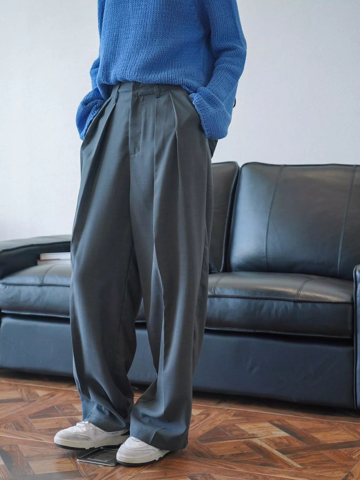 Women's High-Waisted Pleated Wide-Leg Pants in gray — front view