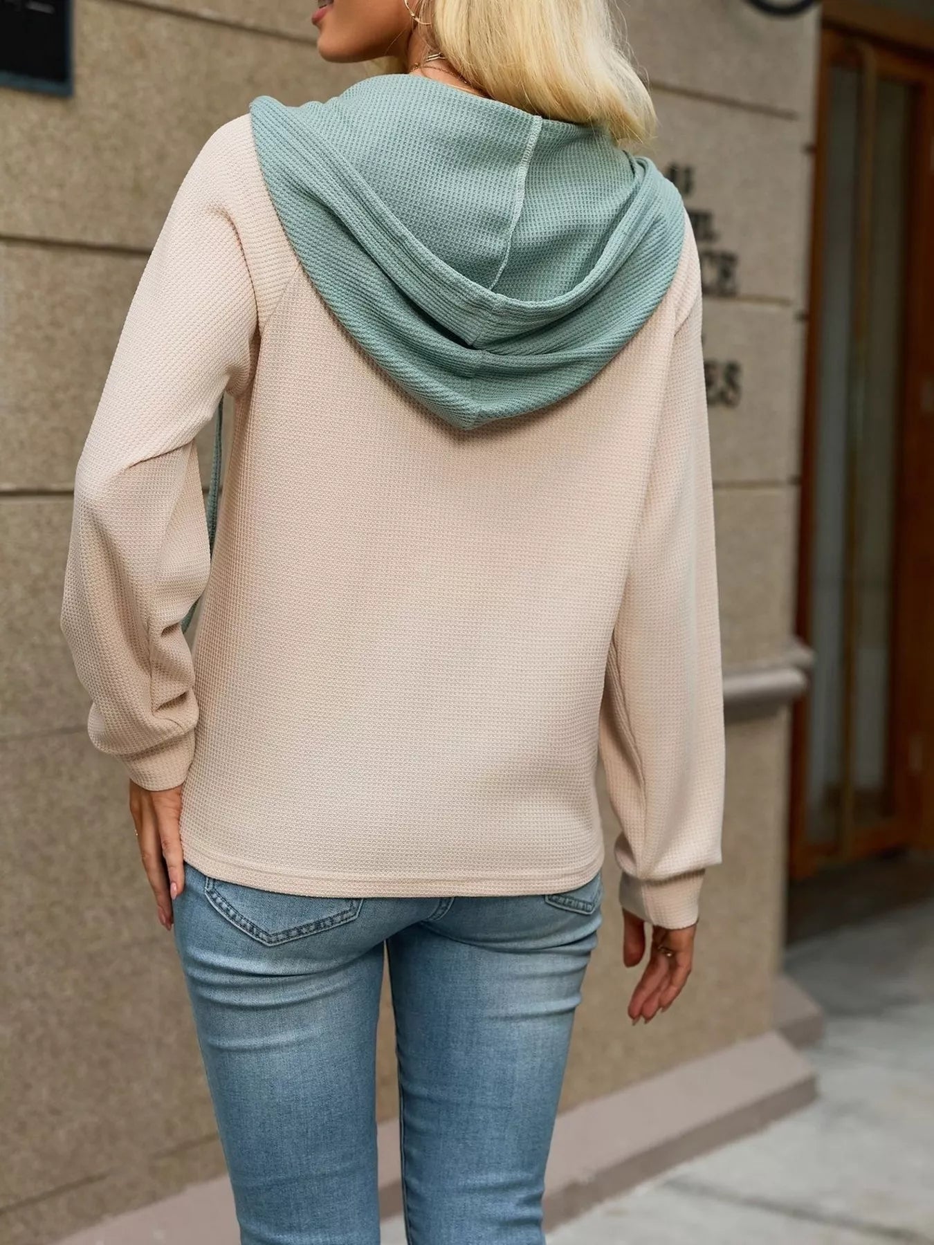Trendsi Waffle Knit Henley Hoodie with Contrast Trim -