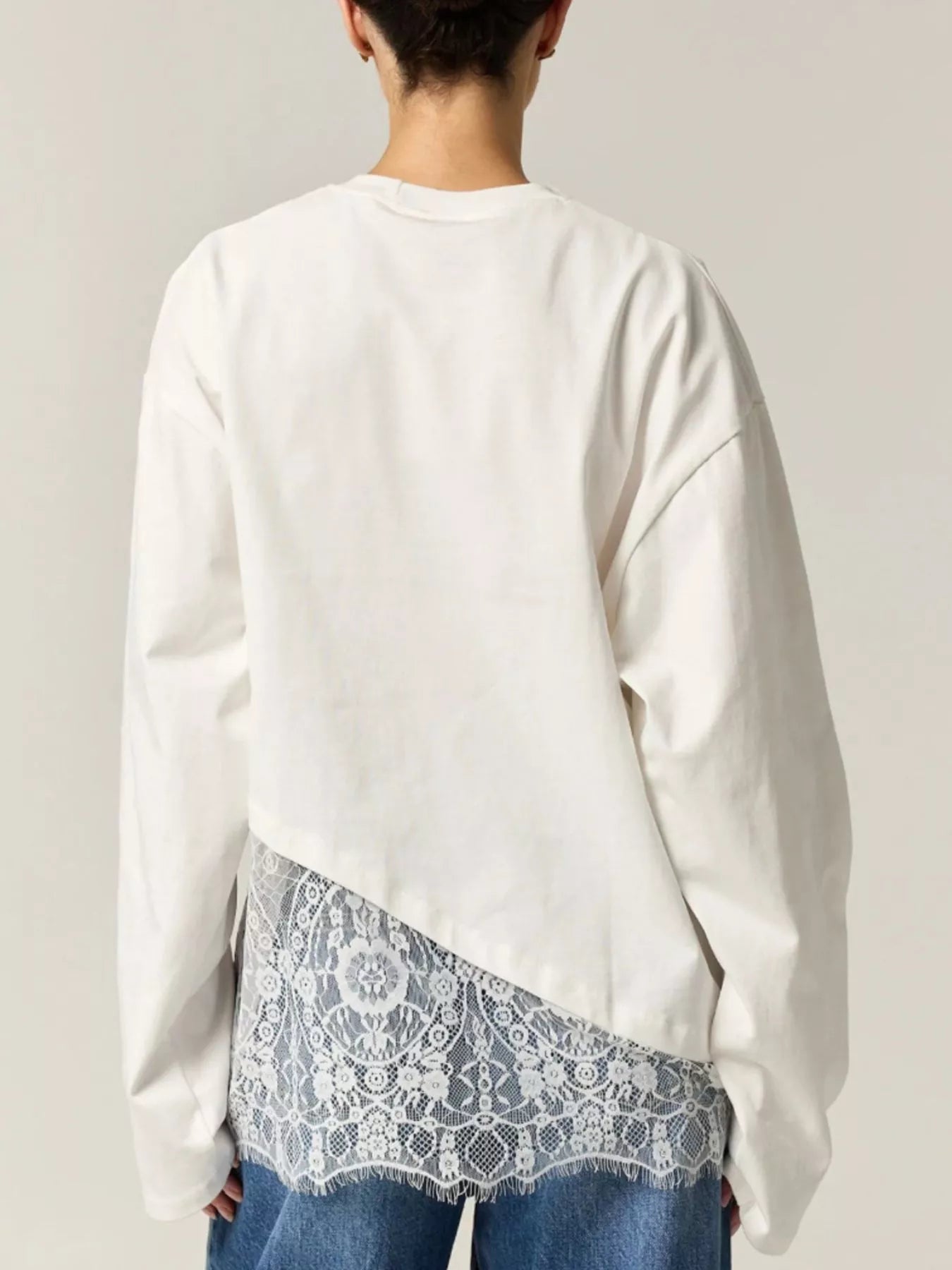 Trendsi Long-Sleeve T-Shirt with Asymmetric Lace Hem -